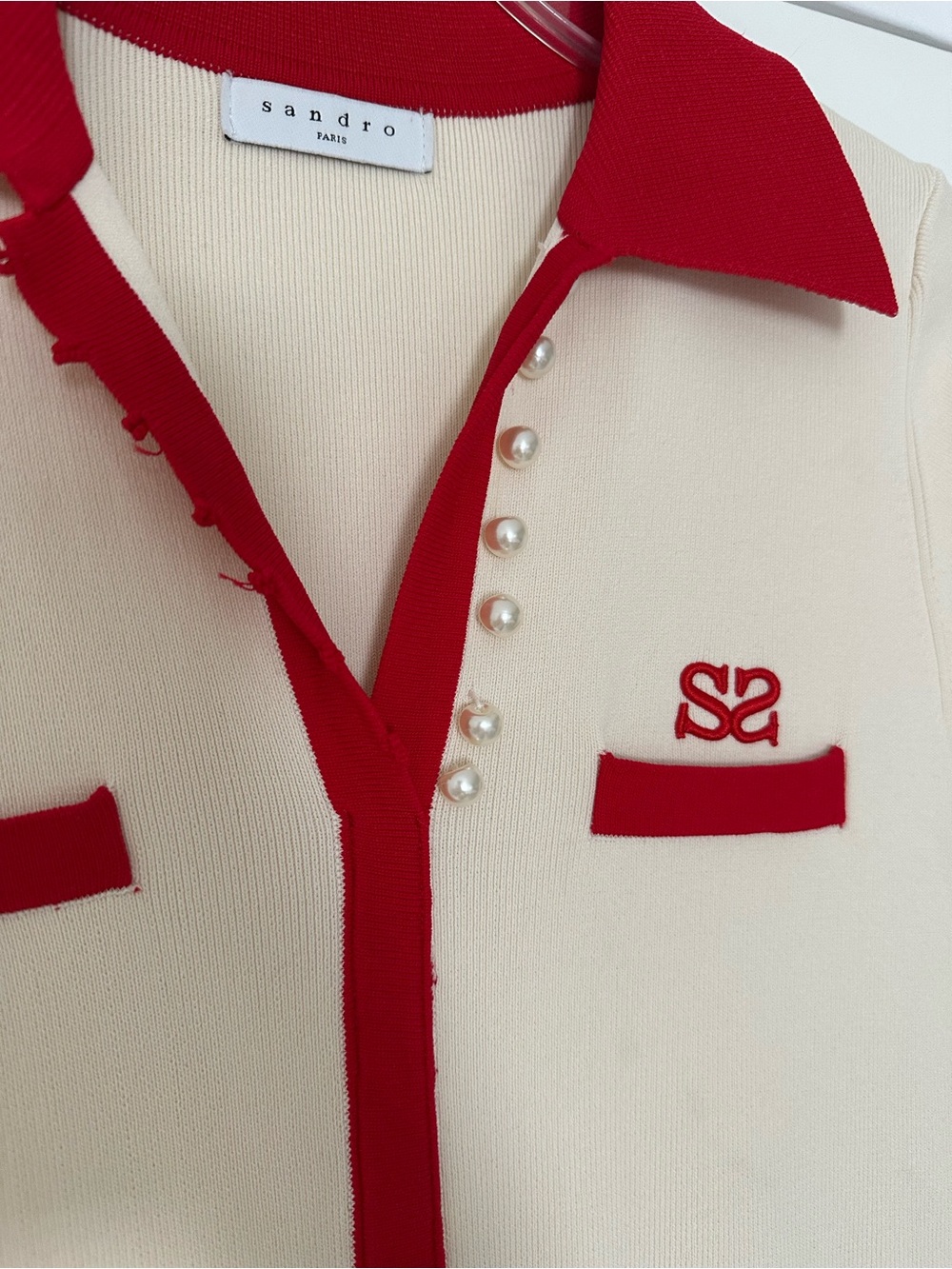 Sandro Cream and Red Dress with Pearl Buttons - Picture 3 of 7